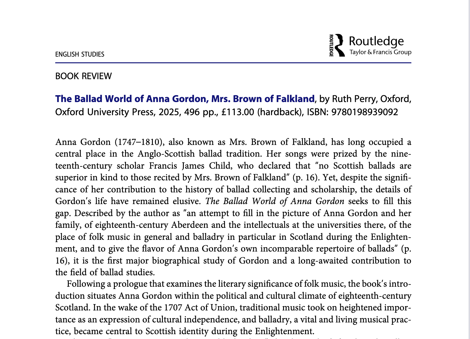 Routledge Book Review | Ruth Perry’s <em>The Ballad World of Anna Gordon, Mrs. Brown of Falkland</em>
